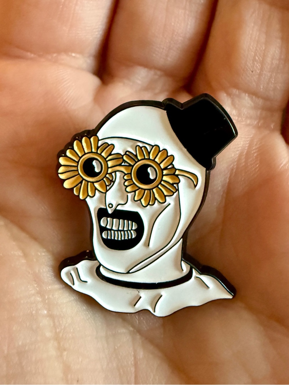 White Pierrot Enamel Pin with Yellow Sunflower Glasses